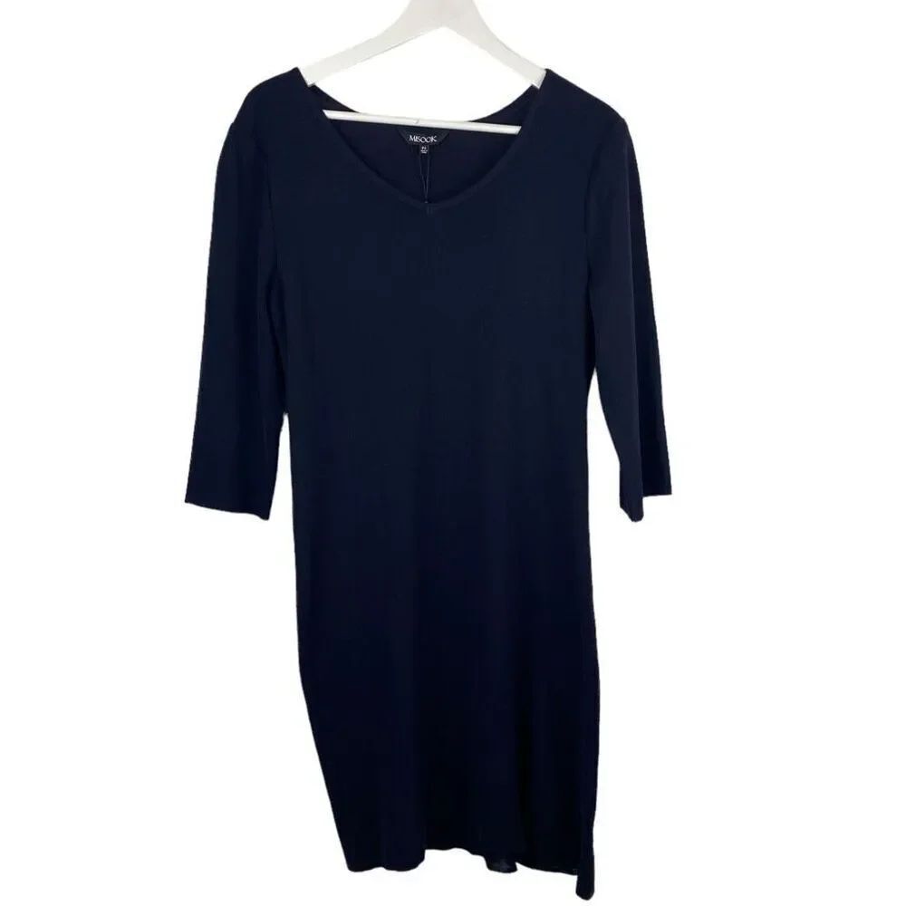 Misook Navy Knit V-Neck 3/4-Sleeve Dress Size Small Petite FLAW